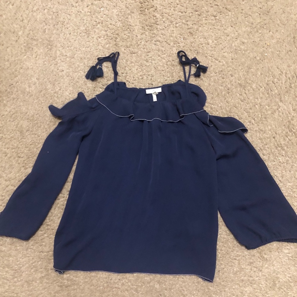 Joie Navy Cold-Shoulder Ruffle Tie-Shoulder Blouse Size L - Picture 6 of 11